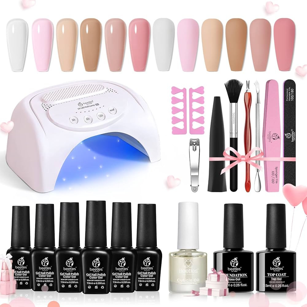 Beetles Gel Nail Polish Kit with U V LED Light 48W，6 Colors Jelly Milky White Sheer Pink Nude G... | Amazon (US)