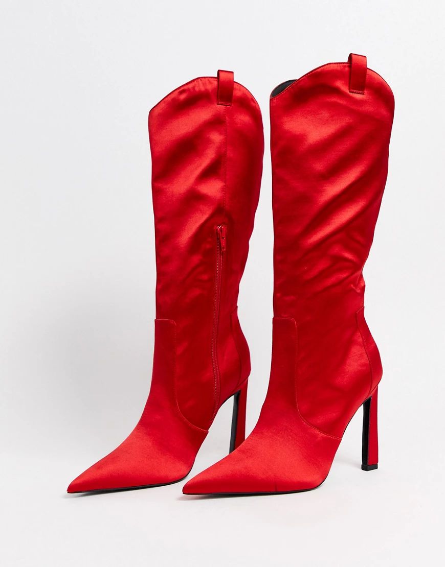 ASOS DESIGN Crystal western knee high boots in red satin | ASOS (Global)
