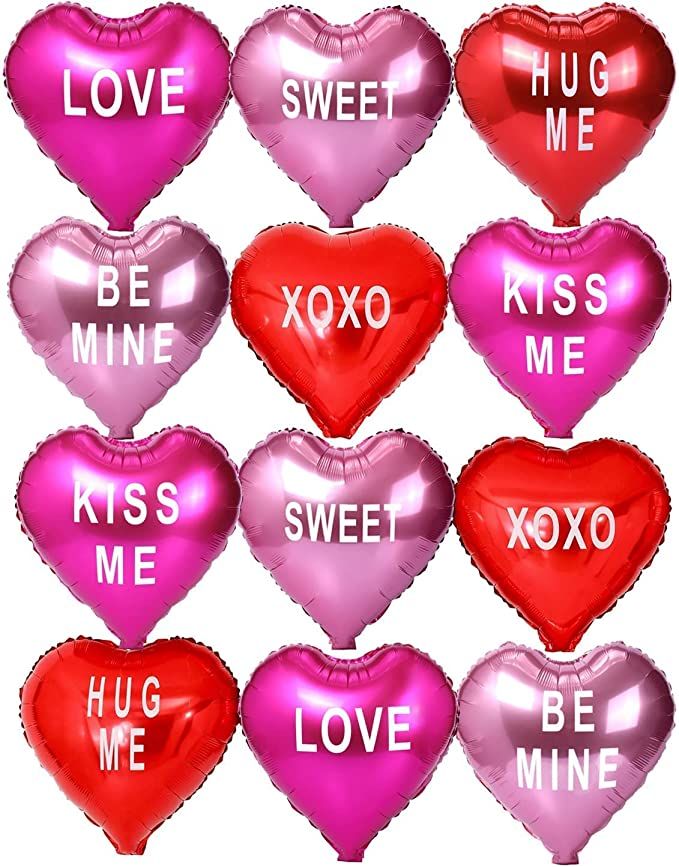 12 pcs Heart Balloons,18" Foil Love Balloons Mylar Balloons, XOXO LOVE SWEET BE MINE heart balloo... | Amazon (US)