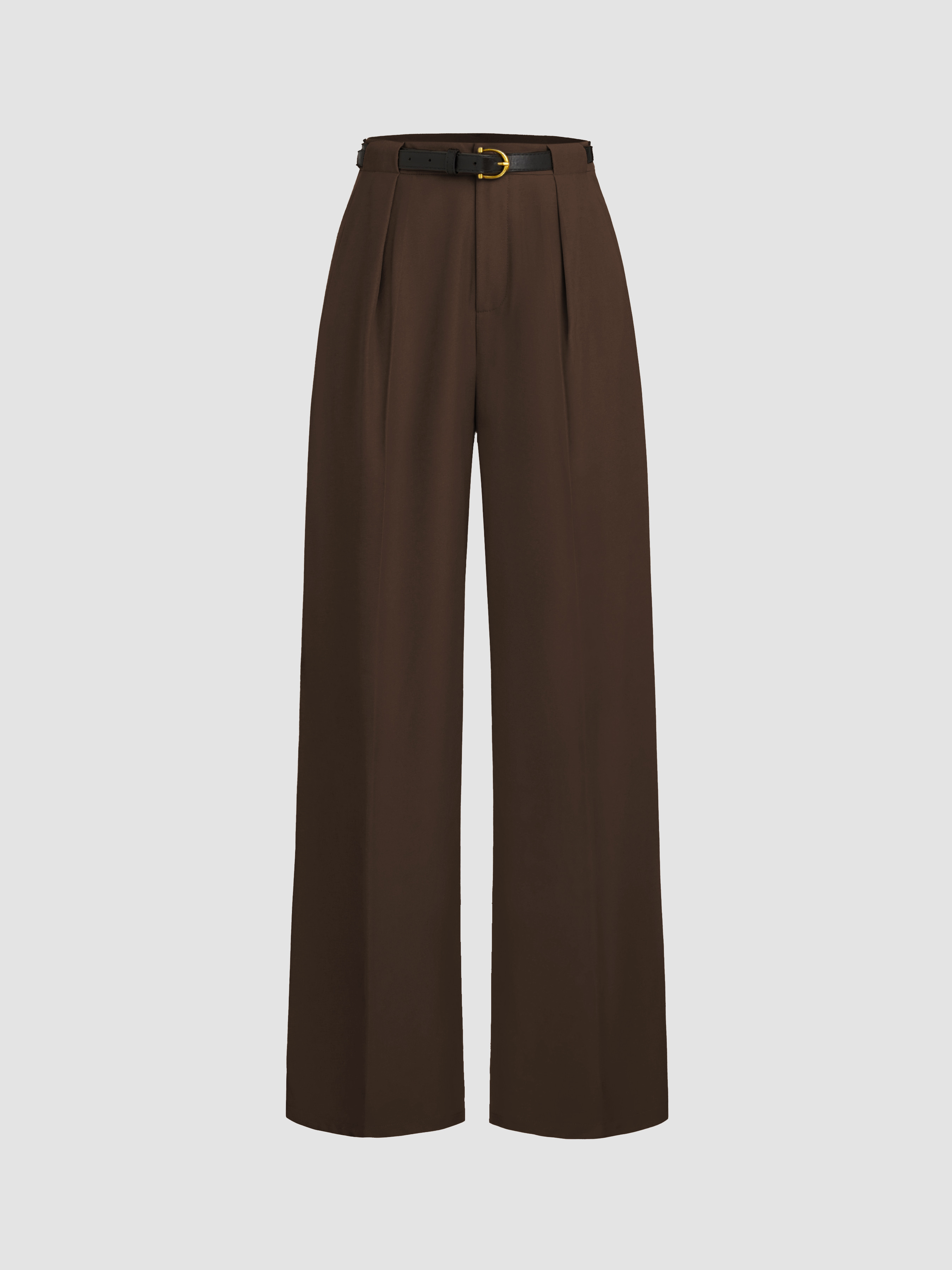 Woven Petite Mid Rise Solid Straight Leg Trousers With Belt For Work | Cider
