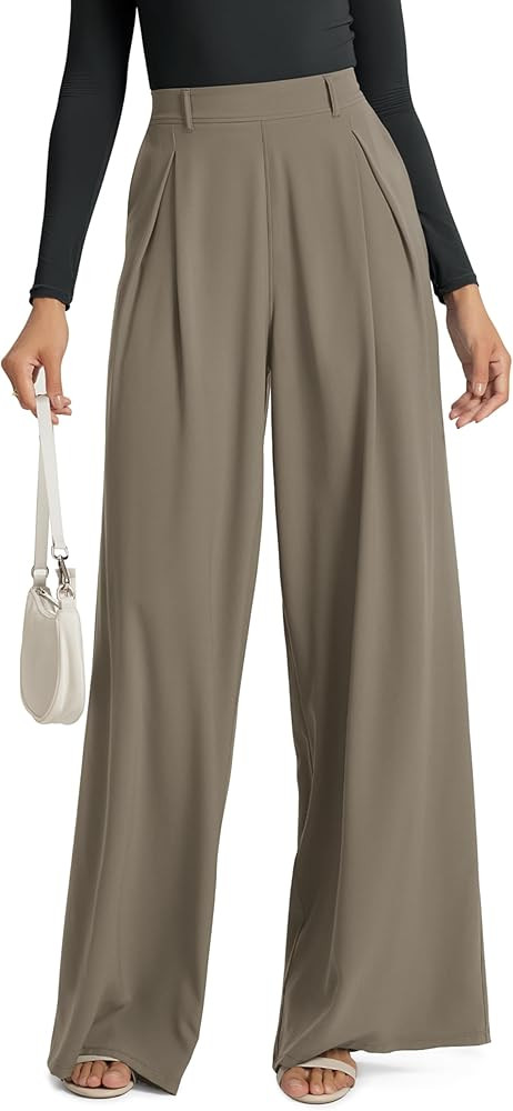 ODODOS Chiffon Flowy Pleated Wide Leg Pants for Women Lightweight High Waist Trouser with Pockets... | Amazon (US)