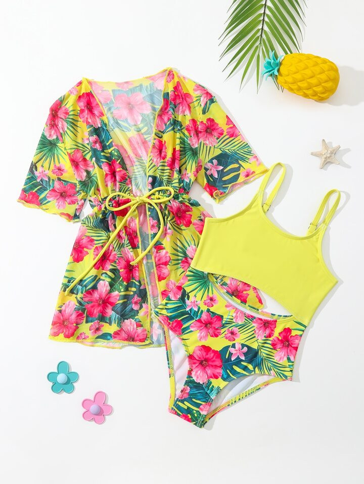 SHEIN Kids EVRYDAY Toddler Girls Tropical Print Cut Out One Piece Swimsuit With Kimono | SHEIN