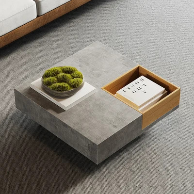 27.6" Japandi Wooden Square Coffee Table with Open Storage Concrete Gray & Natural | Homary | Homary