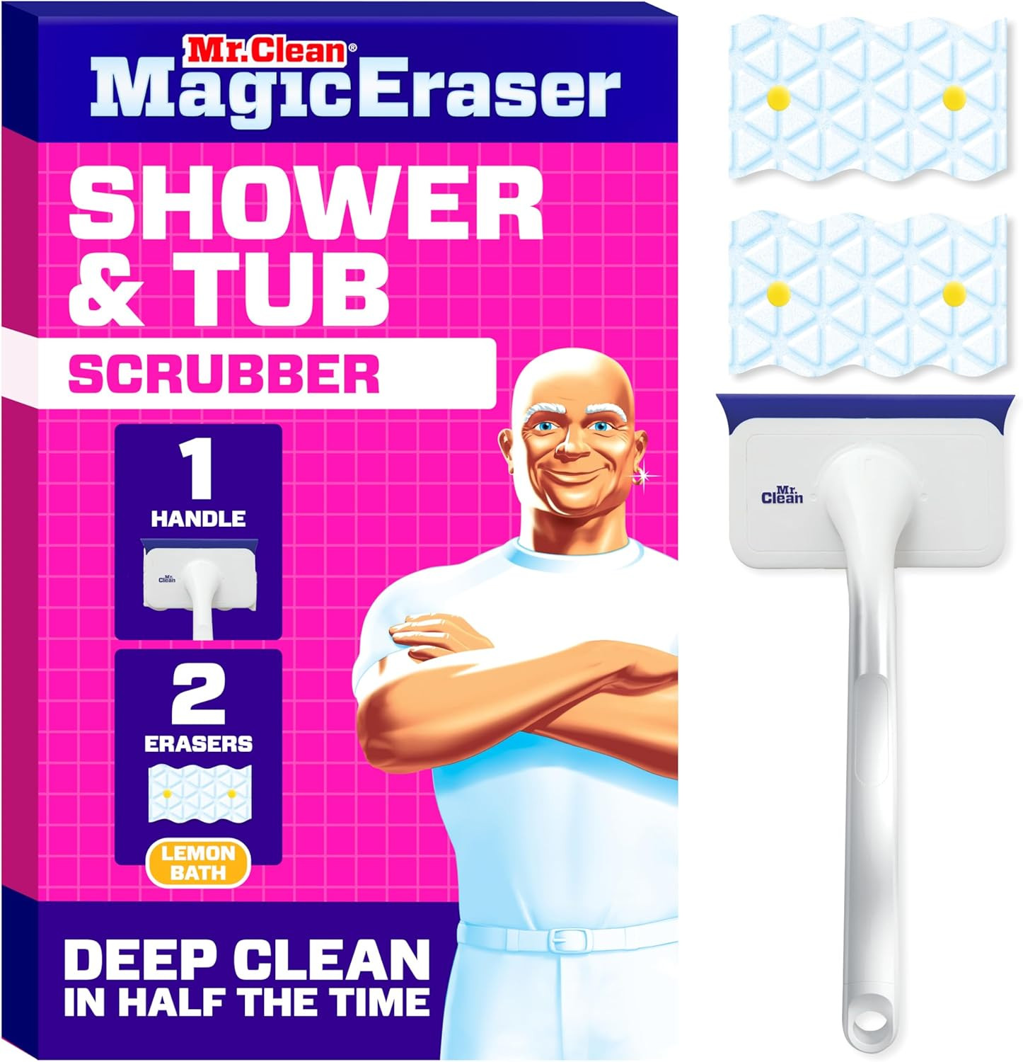 Mr. Clean Magic Eraser Shower & Tub Scrubber, Bathroom Cleaner, All in One Bathroom Cleaner, Lemon Starter Kit, 1 Scrubber & 2 Foaming Magic Erasers | Amazon (US)