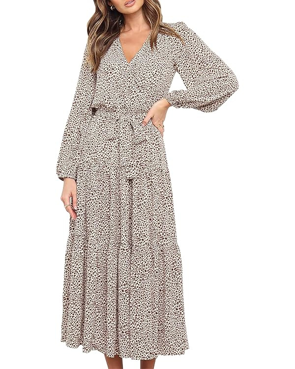 PRETTYGARDEN Womens Fall Long Sleeve Wrap V Neck Ruffle Floral Maxi Dress Casual Tie Waist Boho C... | Amazon (US)
