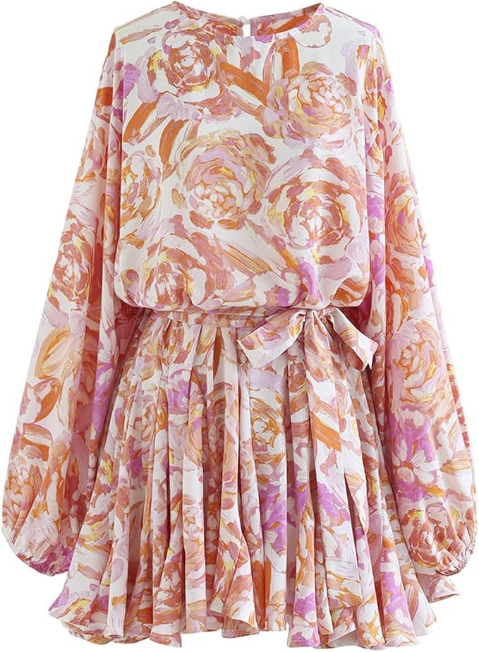 CHICWISH Women's Rose Painting/Navy Floral/Green Floret Bubble Sleeves Frilling Mini Dress | Amazon (US)