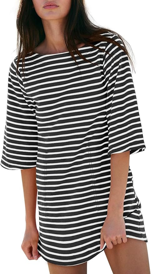 Yousify Women’s T Shirt Dress Cotton Summer Dresses 2025 Casual Loose Short Sleeve Striped Mini... | Amazon (US)