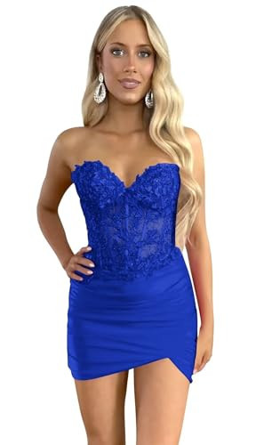 TECHDOMUSUNIQUE Royal Blue Homecoming Dresses 2026 Strapless Satin Tight Lace Applique Sequin Corset Bodycon Short Prom Dress with Slit 4 | Amazon (US)