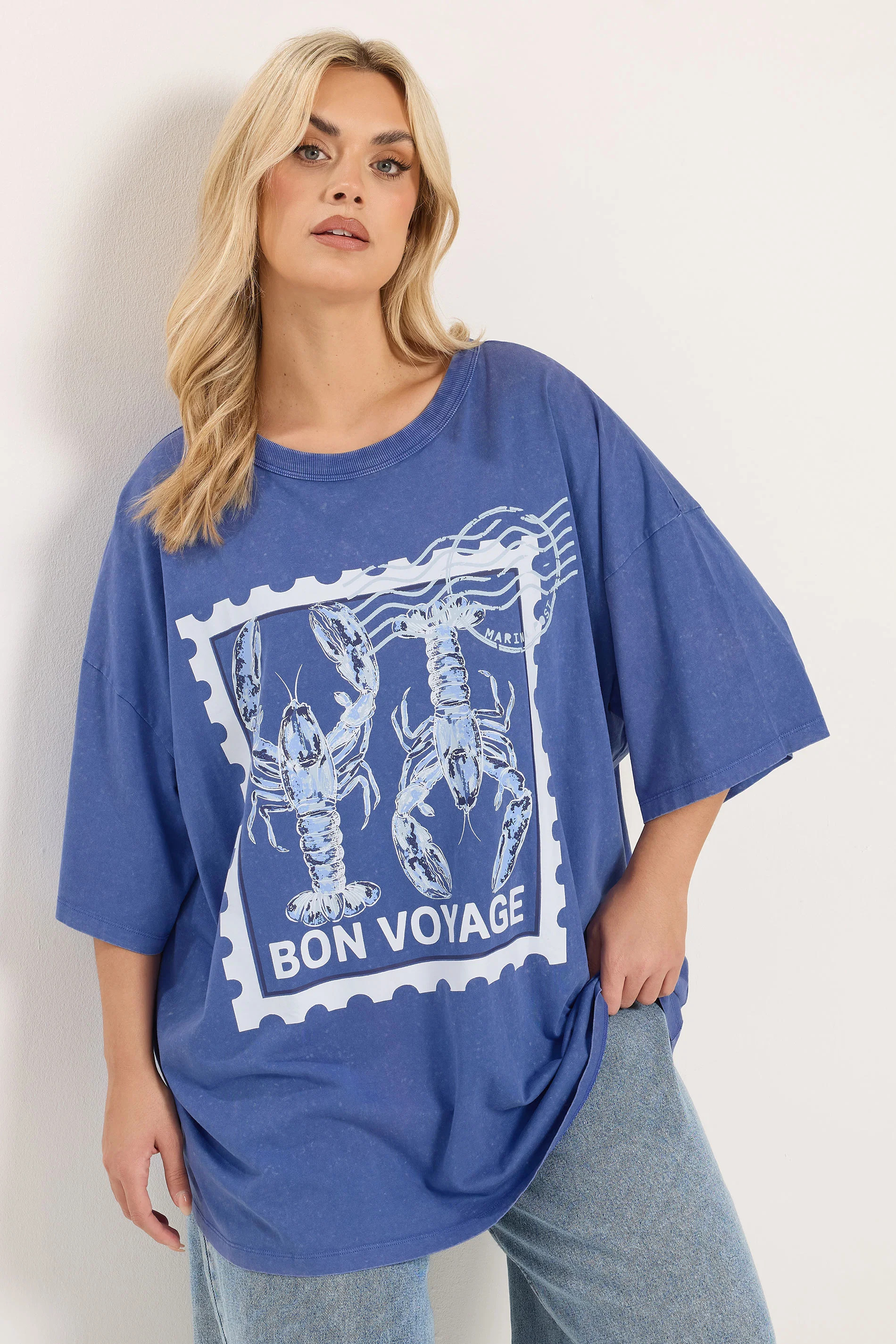 YOURS Plus Size Blue 'Bon Voyage' Acid Wash Slogan T-Shirt | Yours Clothing UK