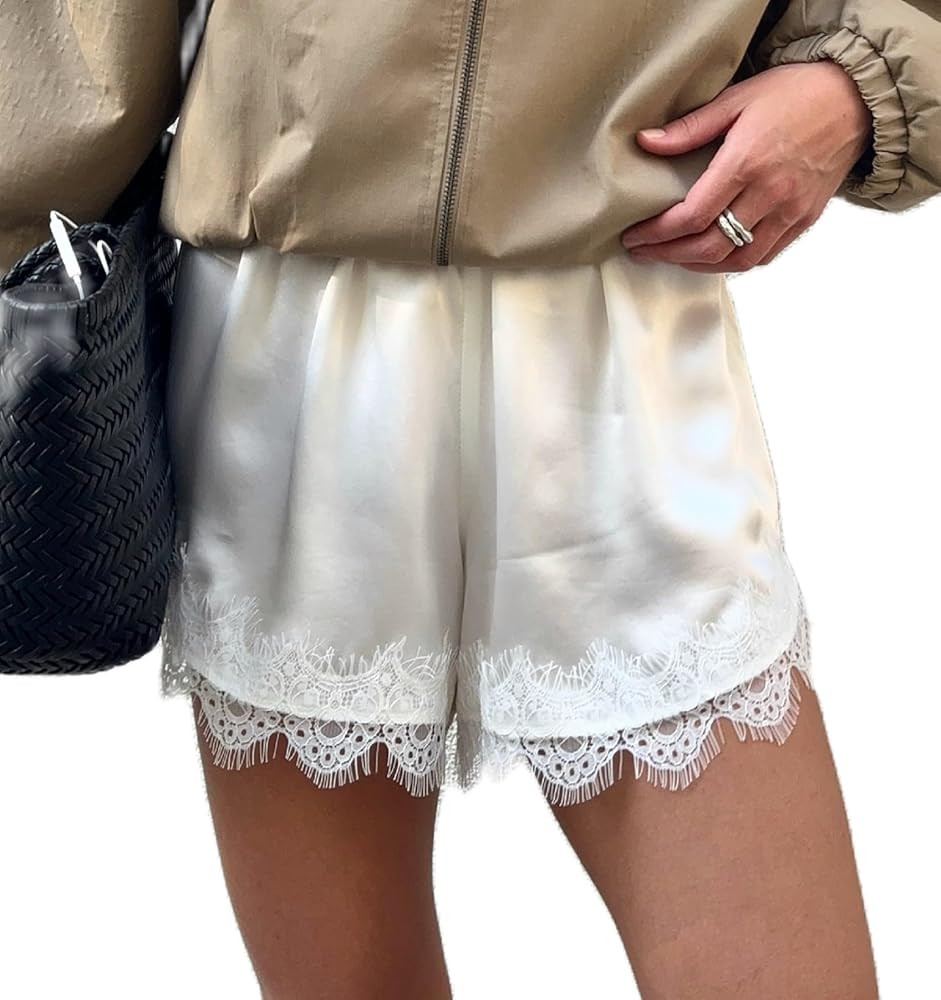 UAURORAO Women Satin Silk Shorts Lace Trim Patchwork Mini Micro Shorts Silky Low Rise Coquette Lo... | Amazon (US)