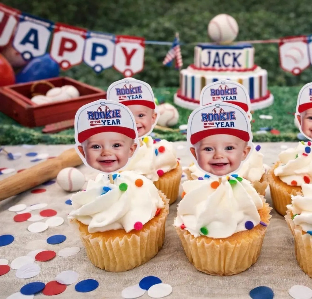 Baseball Cupcake Toppers | Baseball Photo Head | Party Supplies | Rookie of the Year | Party Deco... | Etsy (US)