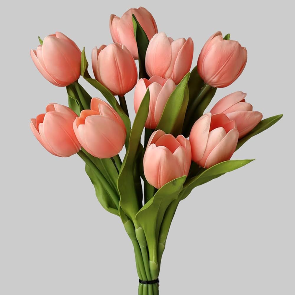 Coral Pink Flowers Artificial Luxury Big Tulip Valentine's Day Mother's Day Easter Home Kitchen W... | Amazon (US)
