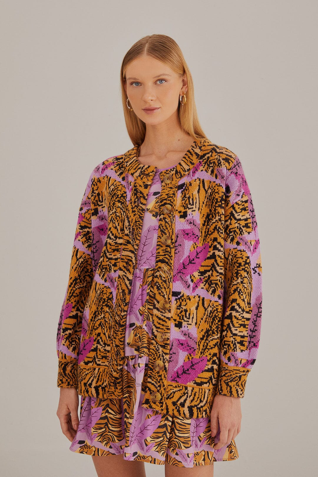 Lavender Tiger Leaves Knit Cardigan | FarmRio (US)