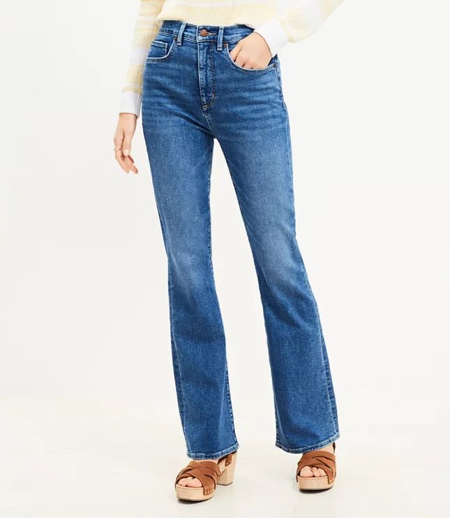 Petite High Rise Slim Flare Jeans in Refined Mid Indigo Wash | LOFT