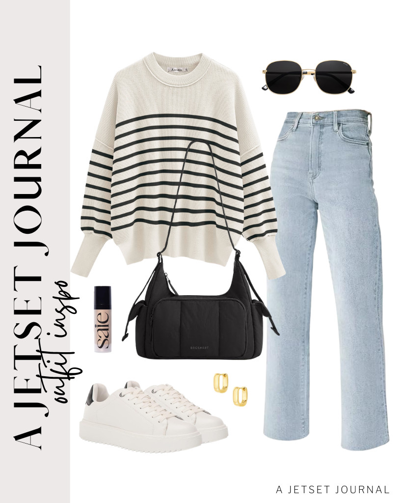 This ZESICA oversized ribbed knit sweater and KDF straight-leg jeans combo is our first outfit to style. This fit pairs perfectly with Steve Madden Charlie sneakers and a BAGSMART crossbody bag. I’m adding these SOJOS square sunnies, too! 

 #LTKSeasonal #LTKSaleAlert #LTKTravel