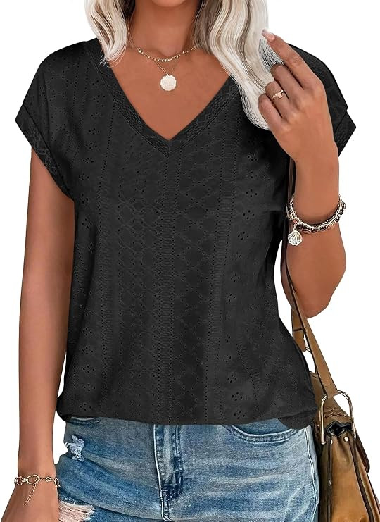 Imily Bela Womens V Neck T-Shirt Summer Cap Sleeve Dressy Casual Tops Eyelet Embroidered Fashion ... | Amazon (US)