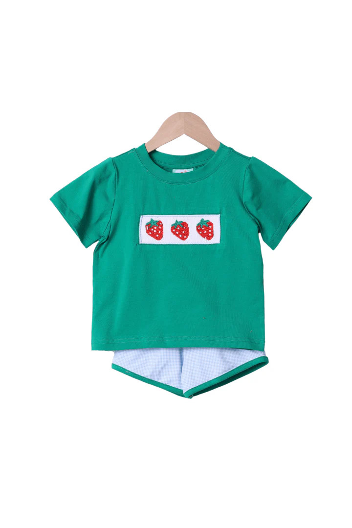 Smocked Strawberry Patch Blue Gingham Short Set | The Smocked Flamingo