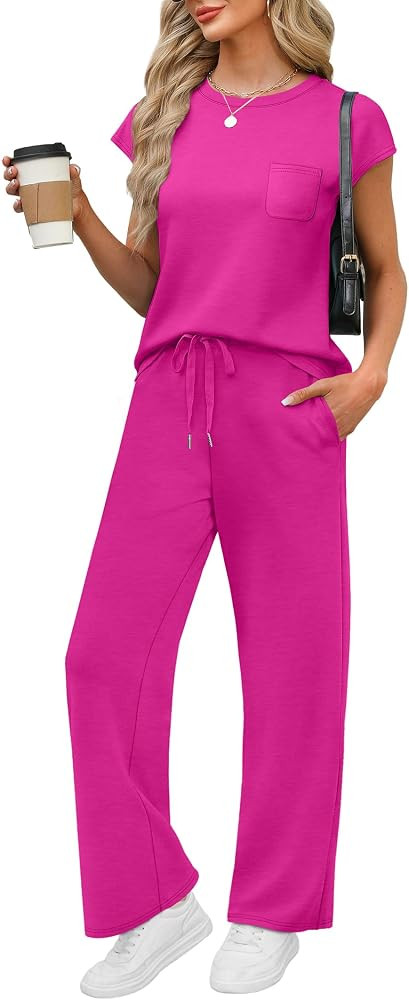 WIHOLL 2 Piece Sets for Women Casual Summer Travel Vacation Outfits Cap Sleeve Lounge Set | Amazon (US)