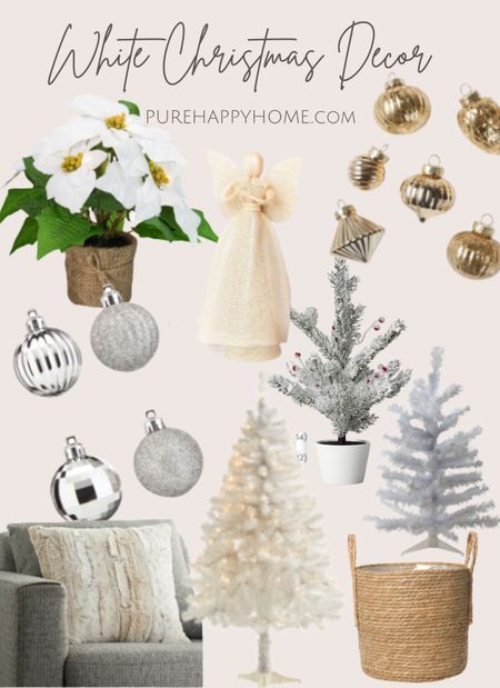 White Christmas home decor, flocked mini Christmas tree, white poinsettia, gold, ornaments, silver ornaments, Christmas angel

#LTKhome #LTKHoliday #LTKSeasonal