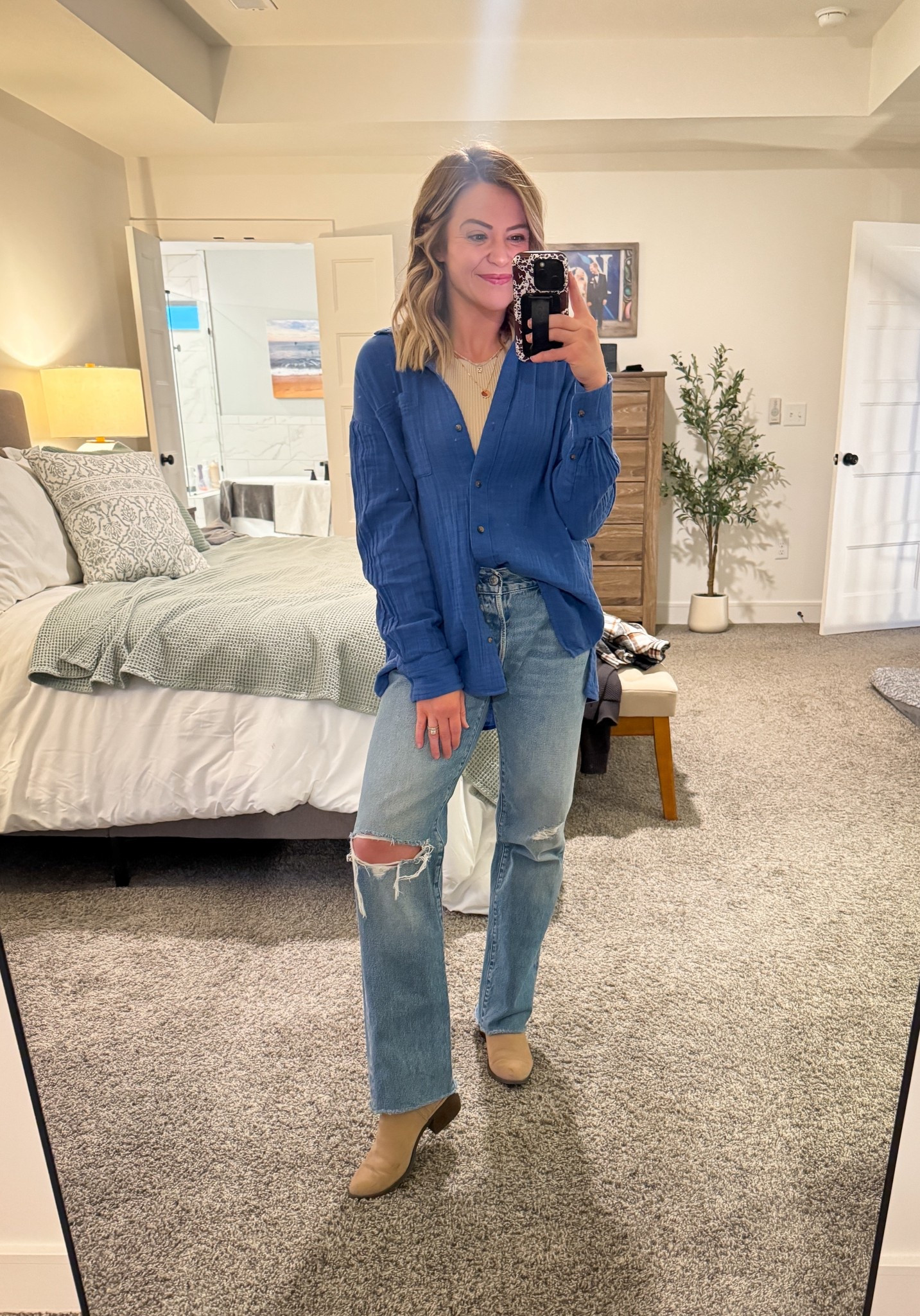 Old navy button up top - it’s from last year and not available anymore but I linked the closest old navy option I could find, it just has an open back and different colors! Linked a few similar ones on Amazon that are the sans crinkle gauze material & have lots of pretty colors. A great transition piece for spring!! 

Madewell jeans - for me they run big! I sized down one and they’re still a little big but so cute. More mid rise 

#LTKootd #LTKPetite #LTKmomlife