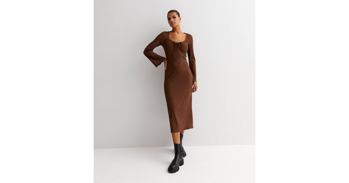 Dark Brown Ruched Tie Long Sleeve Midi Dress
						
						Add to Saved Items
						Remove from Sa... | New Look (UK)