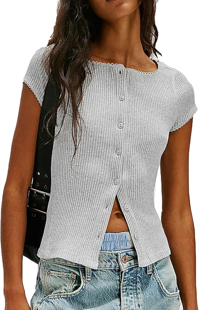 Womens Slim Fitted Shirts Short Sleeve Cardigan Button Down Blouses Y2k Ribbed Tops | Amazon (US)