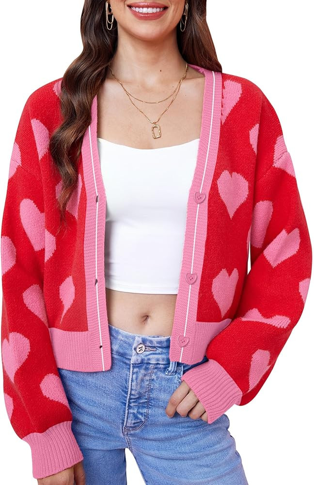 Women's Valentine's St Patrick's Day Cute Y2K Cropped Cardigan Long Sleeve Button Down Heart Swea... | Amazon (US)
