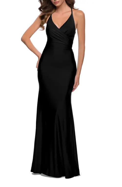 La Femme Fitted Long Jersey Gown with Criss Cross Bodice in Black at Nordstrom, Size 2 | Nordstrom