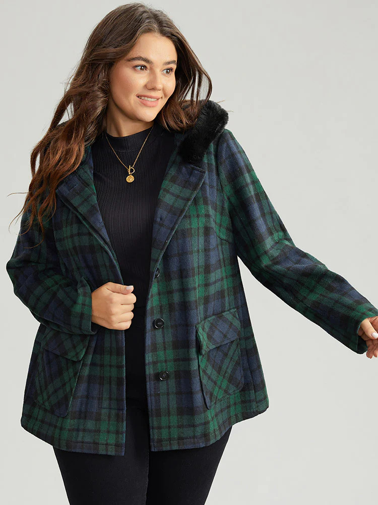 Plaid Button Fly Hooded Fuzzy Trim Coat | Bloomchic