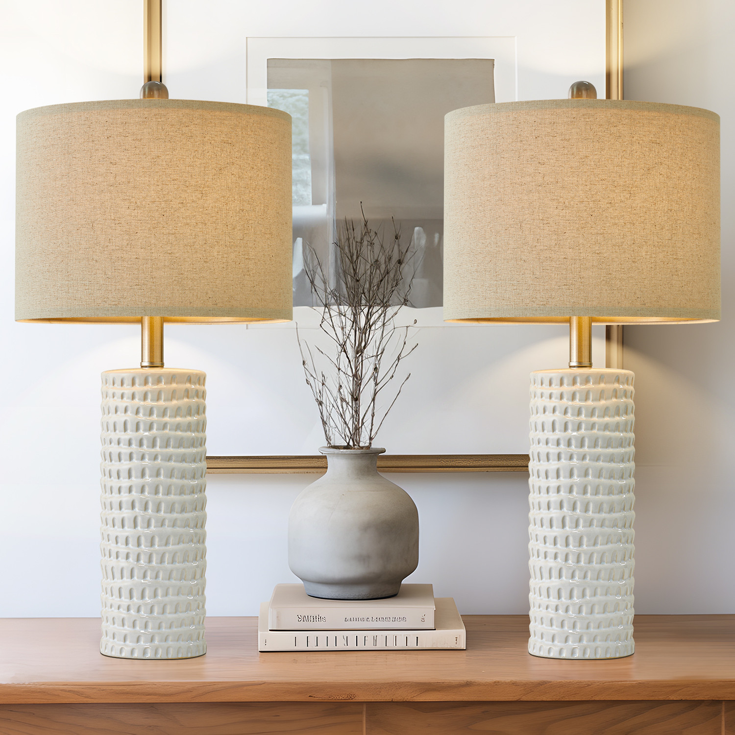Oneach Ceramic Table Lamp Set of 2 24" White Contemporary Bedside Nightstand Lamps for Bedroom Li... | Walmart (US)