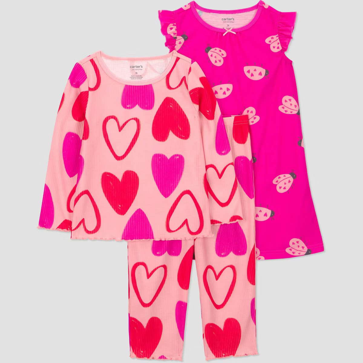 Carter's Just One You® Toddler Girls' Valentine's Day 3pc Ladybugs and Hearts Gown Pajama Set - ... | Target