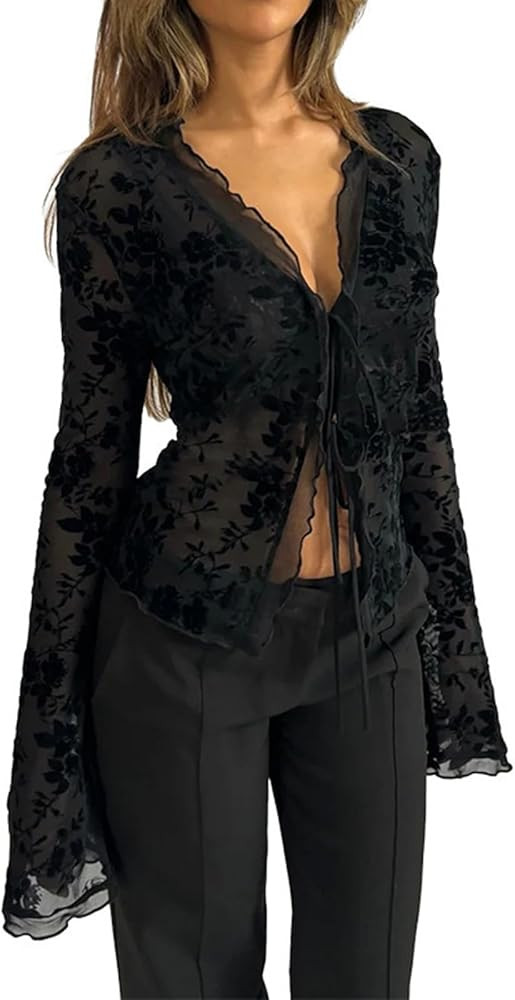 Women Long Sleeve See Through Lace Tops Y2k Sexy Leopard Sheer Mesh Crop Top Open Front Deep V Ne... | Amazon (US)