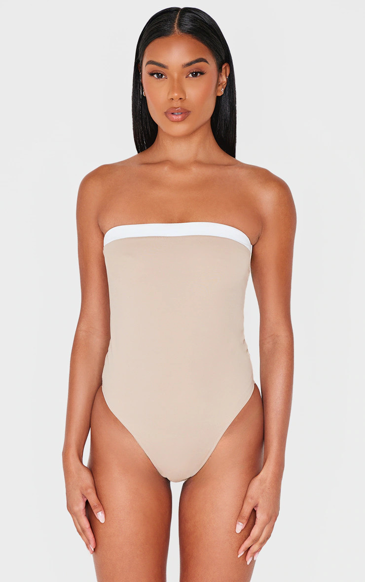 Stone Contrast Binding Bandeau Swimsuit | PrettyLittleThing US