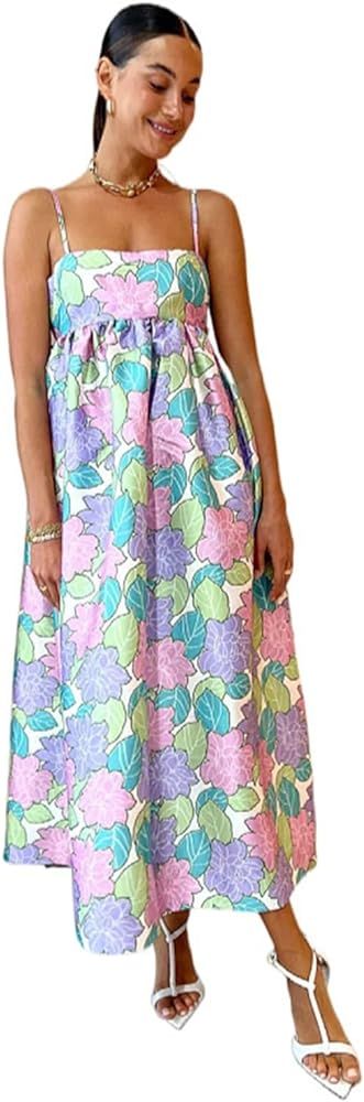 OrgeFy Casual Style Printed Drawstring Loose Sleeveless Open Back Large Swing Dress French Printe... | Amazon (US)