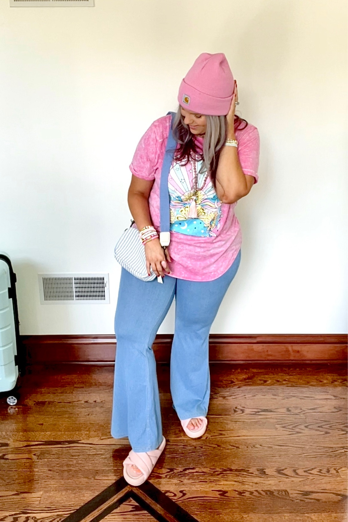 Halara HalaraMagic High Waisted Crossover Stretchy Knit Flare Jeans Pink S