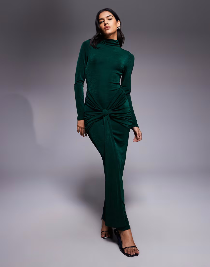 ASOS DESIGN long sleeve slinky maxi dress with draped tie-sash detailing and open back in forest green | ASOS (Global)