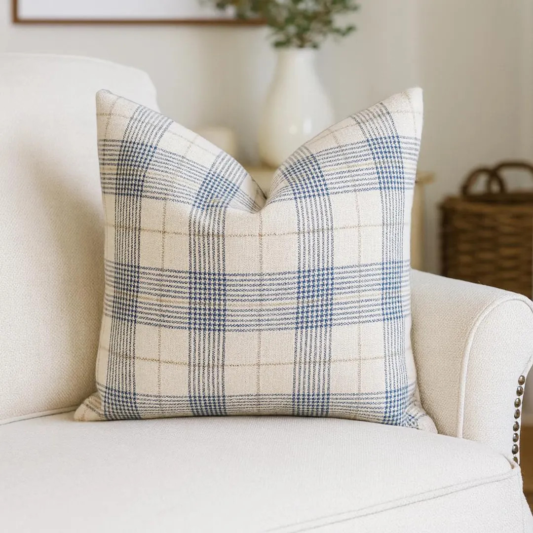 Blue Plaid Pillow Cover Tartan Throw Pillow Windowpane Plaid Cushion Beige Coastal Pillow for Sof... | Etsy (US)