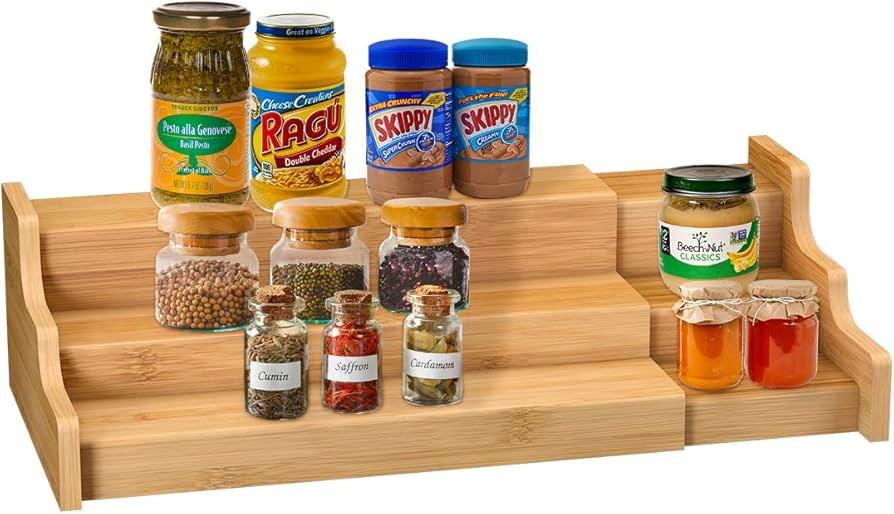 Spice Rack Kitchen Cabinet Organizer- 3 Tier Bamboo Expandable Display Shelf Yellow | Amazon (US)