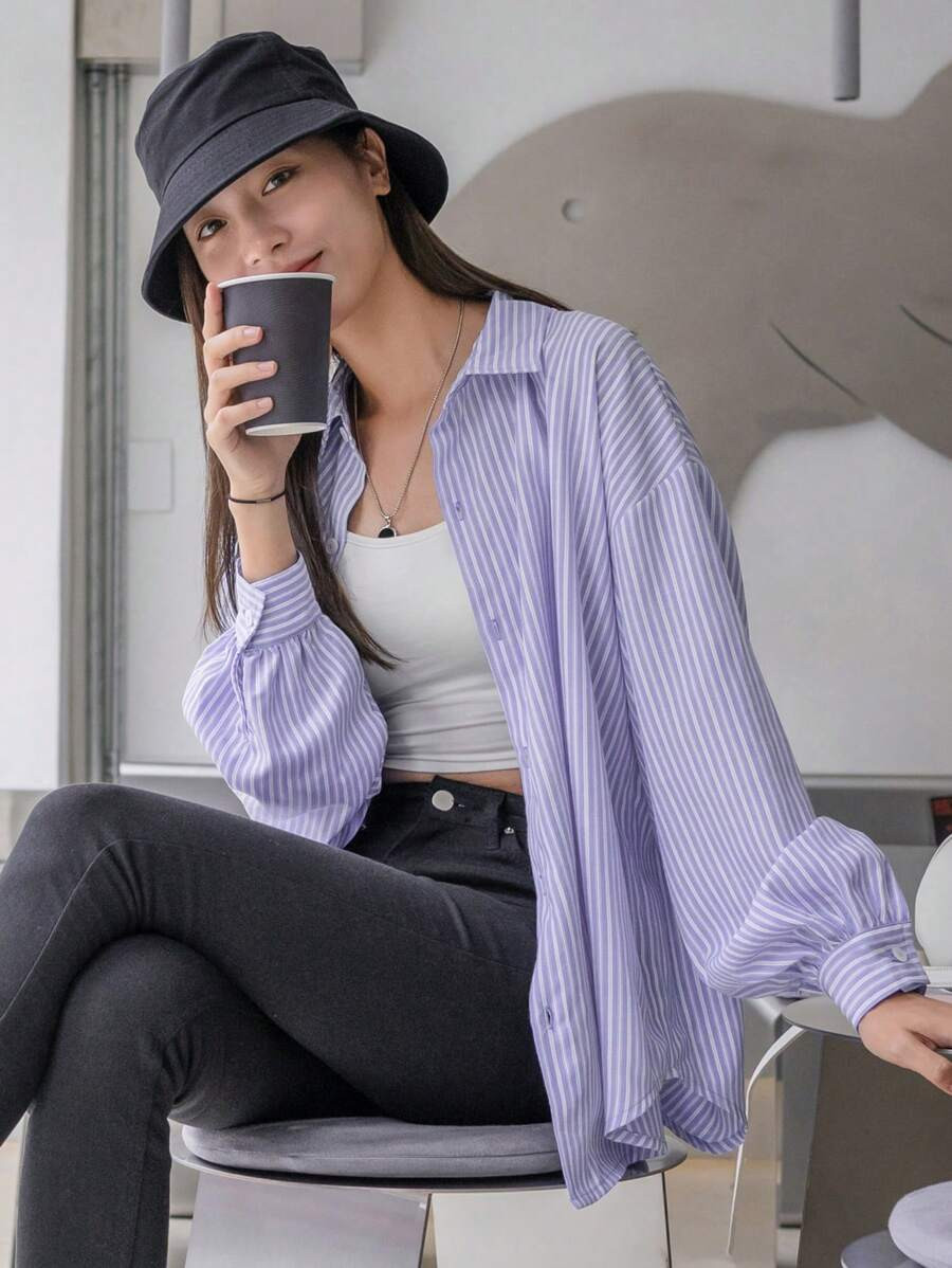 DAZY Striped Print Drop Shoulder Shirt,Fall Clothes Long Sleeve Top | SHEIN