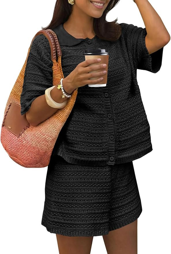 Fisoew Womens Summer 2 Piece Crochet Beach Outfit Cover Ups Button Cardigan Loose Knit Shorts Set... | Amazon (US)