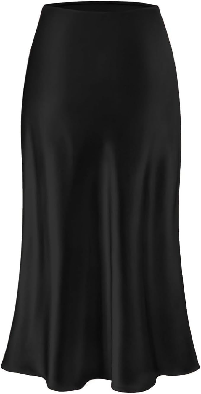 Womens Satin Silk Midi Skirt High Waist A-Line Casual Elastic Waist Long Skirts for Women | Amazon (US)