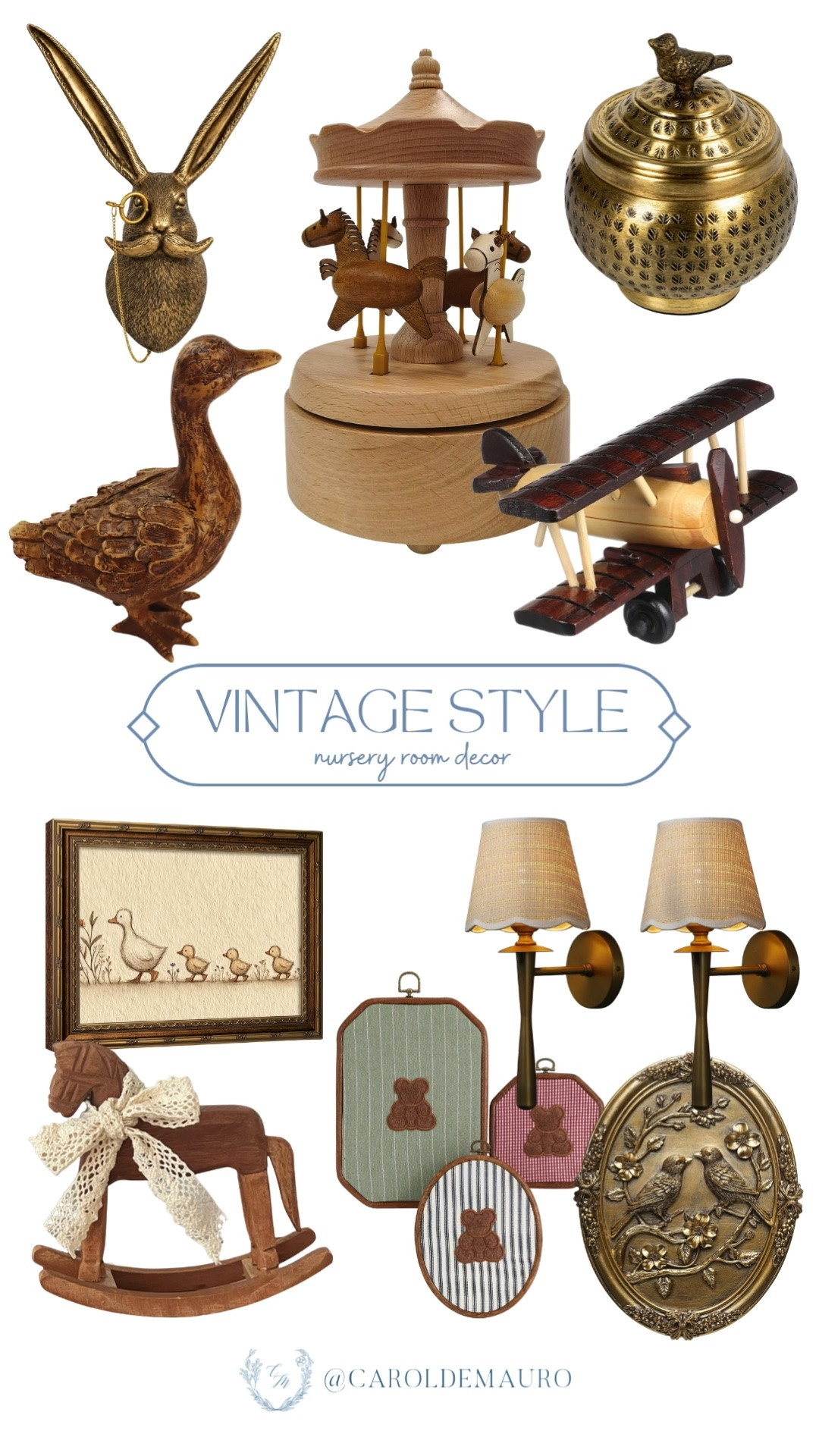 Storybook-worthy vintage finds for a nursery! A wooden carousel, rocking horse, and gold accents bring so much whimsy and charm.

vintage nursery decor, nursery room inspo, vintage kids decor, whimsical nursery finds, nursery accents, baby room styling

#LTKHome #LTKKids #LTKBaby