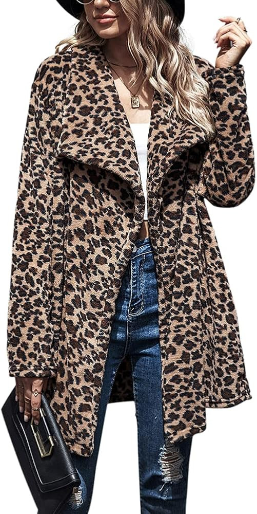 chouyatou Women's Warm Open Front Faux Fur Lapel Leopard Print Jacket Overcoat | Amazon (US)