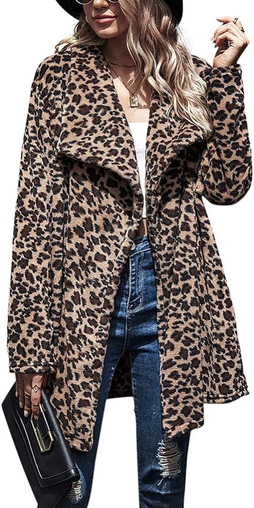 chouyatou Women's Warm Open Front Faux Fur Lapel Leopard Print Jacket Overcoat | Amazon (US)