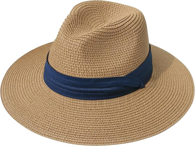 Lanzom Women Wide Brim Straw Panama Roll up Hat Belt Buckle Fedora Beach Sun Hat UPF50+ | Amazon (US)