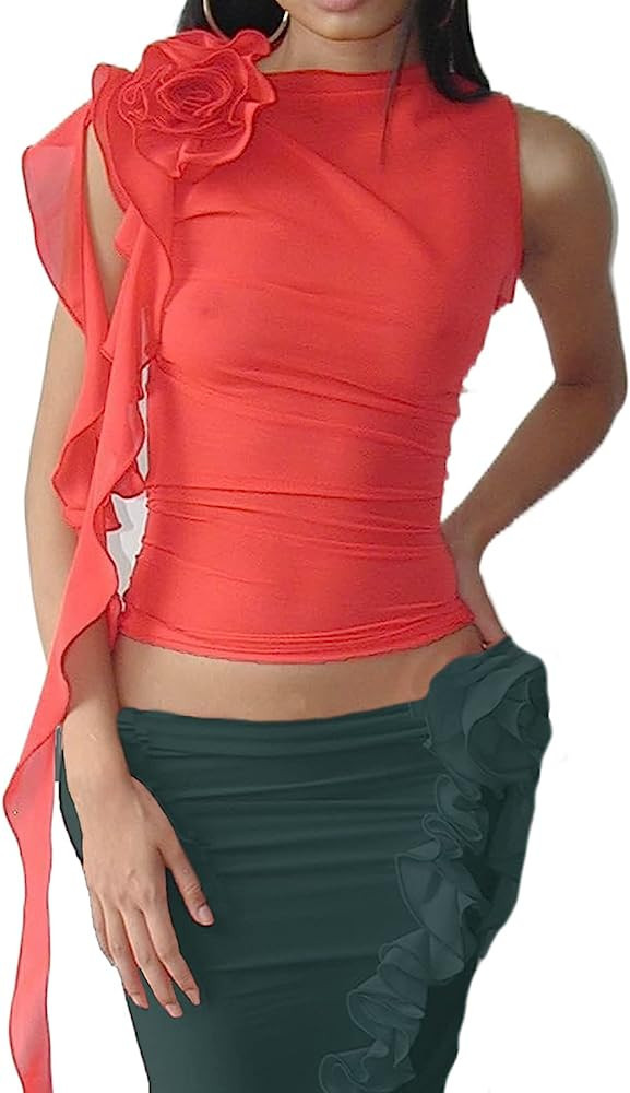 Women Sheer Mesh 3D Floral Tassels Tank Top Sleeveless Off Shoulder Slim Fitted Ruffle Frill Y2k ... | Amazon (US)