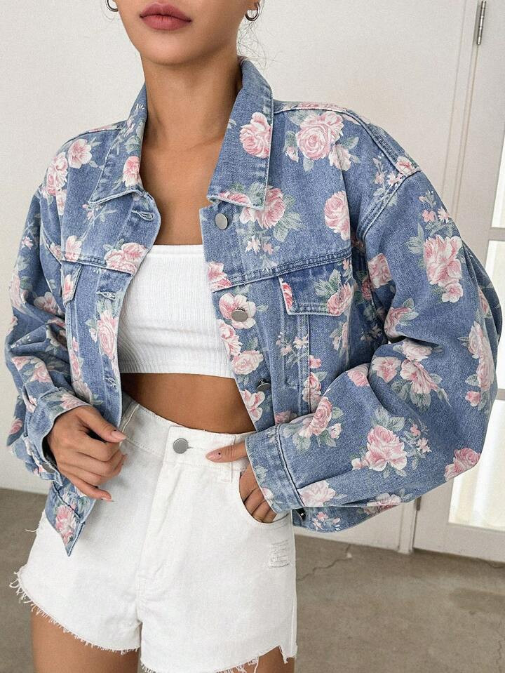Strévra Floral Print Drop Shoulder Flap Pocket Denim Jacket | SHEIN