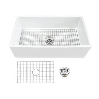 Farmhouse Apron Front Fireclay 33 in. Single Bowl Kitchen Sink in White with Grid and Strainer | The Home Depot