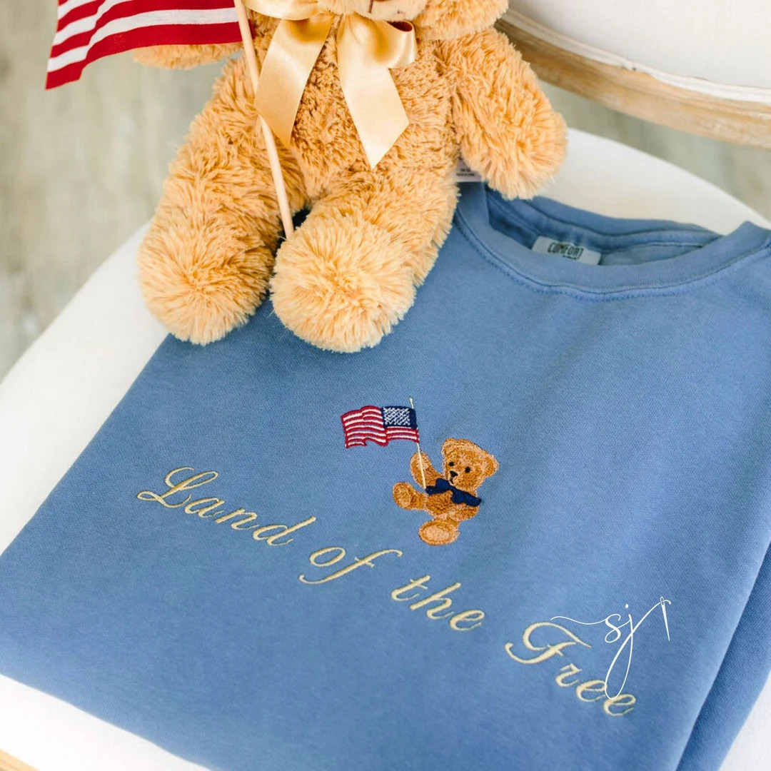Land of the Free Teddy Embroidered Crewneck Sweatshirt, Comfort Colors USA, 4th of July, Independ... | Etsy (US)