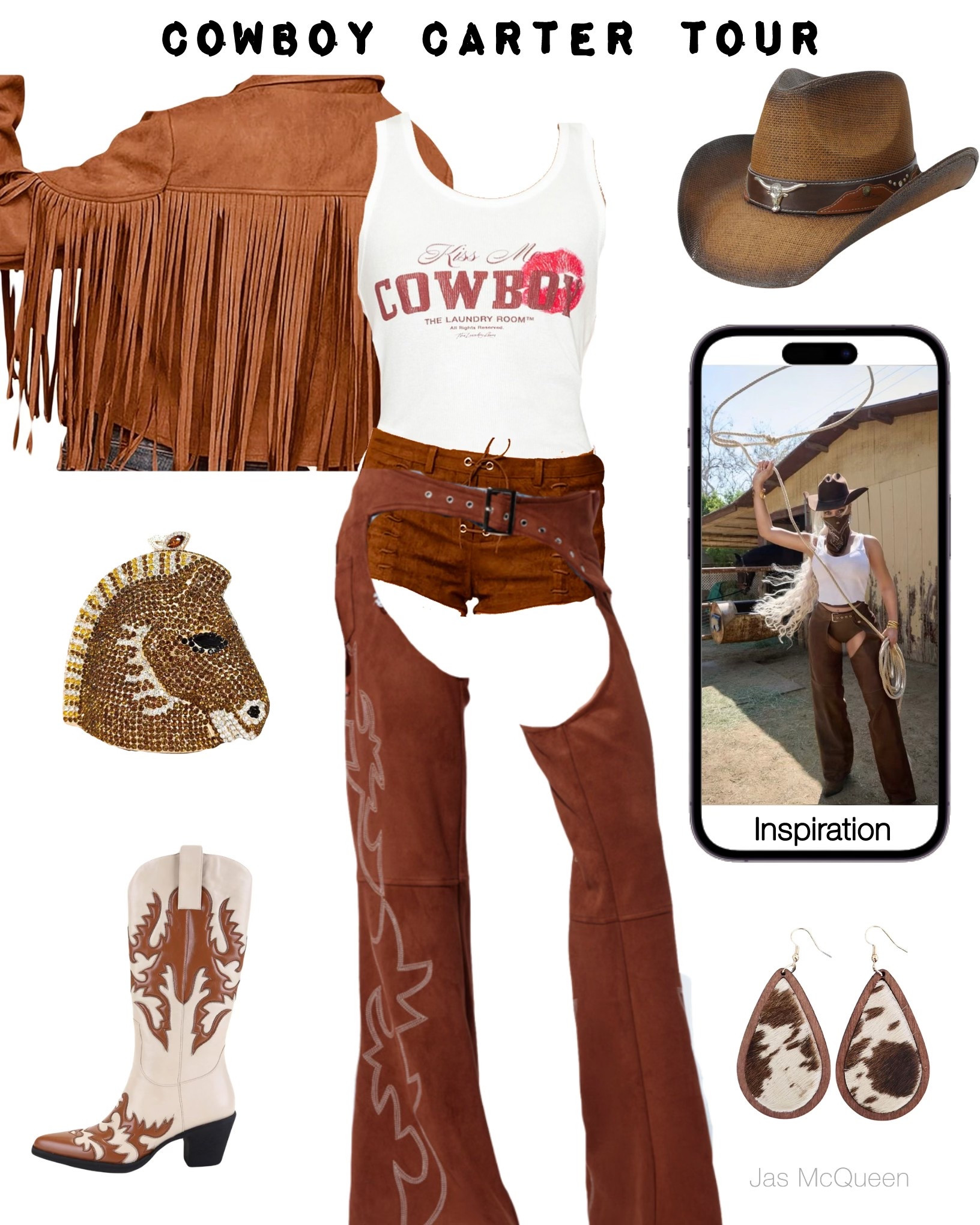 White and Brown Chaps Cowboy Couture - Cowboy Carter Tour Outfit Inspo

Brown fringe suede jacket, cowboy tank, brown suede chaps, cowboy boots,, brown cowboy hat, brown rhinestone horse head purse 


#LTKFestival #LTKStyleTip #LTKItBag